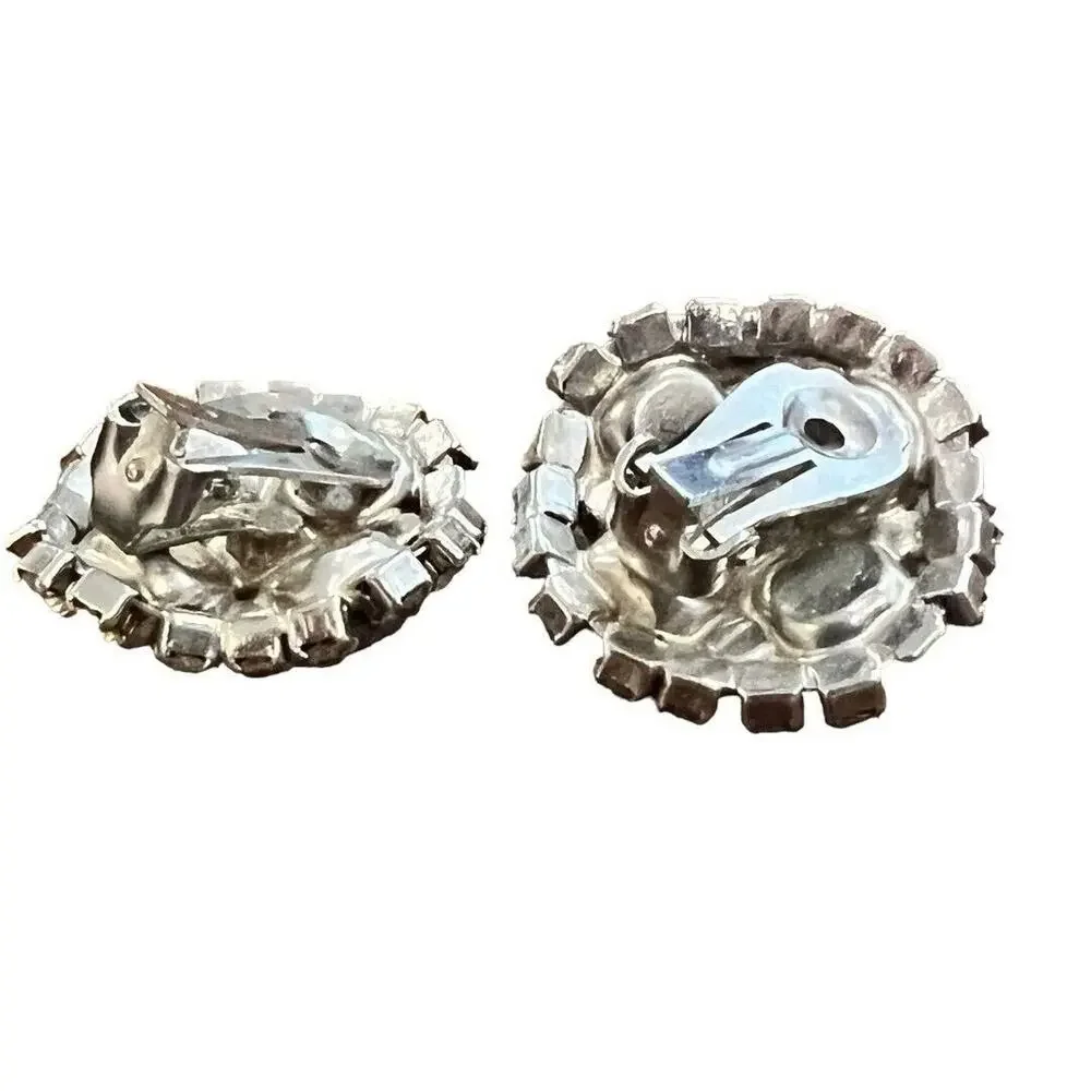 Vintage Formal Rhinestone Round Clip On Earrings Evening Bling